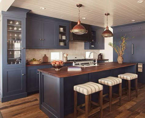 Gorgeous navy kitchen in this beach cottage! Navy Kitchen With Wood Island, Navy Cabinets Butcher Block Counter, Navy Kitchen Butcher Block Counter, Navy Blue Kitchen Cabinets Butcher Block, Navy Blue Kitchen Cabinets With Butcher Block Counters, Navy Cabinets With Butcher Block, Blue Kitchen With Butcher Block Counters, Blue Kitchen Cabinets With Butcher Block, Blue Cabinets Butcher Block Counter