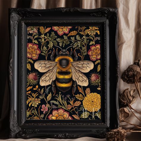 Bee and Flower Painting Dark Floral Art Cottagecore Academia Gothic Botanical Wall Art Decor Moody Morris style Digital Printable Poster Art Gothic Botanical, Cottagecore Academia, Bee And Flower, Art Cottagecore, Painting Dark, Victorian Paintings, Vintage Bee, Bee Print, Vintage Oil Painting