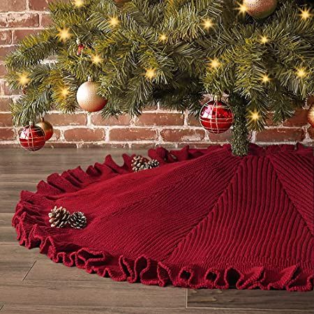 AmazonSmile: LimBridge Christmas Tree Skirt, 48 inches Ruffled Knit Knitted Thick Rustic Xmas Holiday Decoration, Burgundy : Home & Kitchen Ruffled Tree Skirt, White Christmas Tree Skirt, Cheap Christmas Trees, Diy Christmas Tree Skirt, Christmas Tree Skirts Patterns, Tree Skirt Pattern, Xmas Tree Skirts, Rustic Christmas Decor, Christmas Tree Skirts