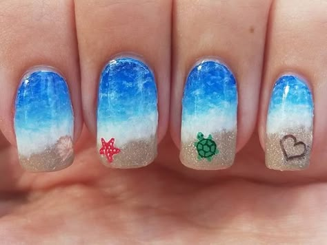 Beach Short Nail Designs, Beach Dipped Nails, Gel Nails Ideas For Cruise, Beach Scene Nails, Easy Beach Nail Art, Florida Beach Nails, Beach Nails Vacation Ocean Short, Cute Ocean Nails, Kids Beach Nails