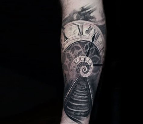 Spiral Clock Tattoo, Spiral Clock, Owl Tattoo Chest, Clock Tattoos, Fibonacci Tattoo, Clock Drawings, Pocket Watch Tattoos, Space Tattoos, Gamer Tattoos