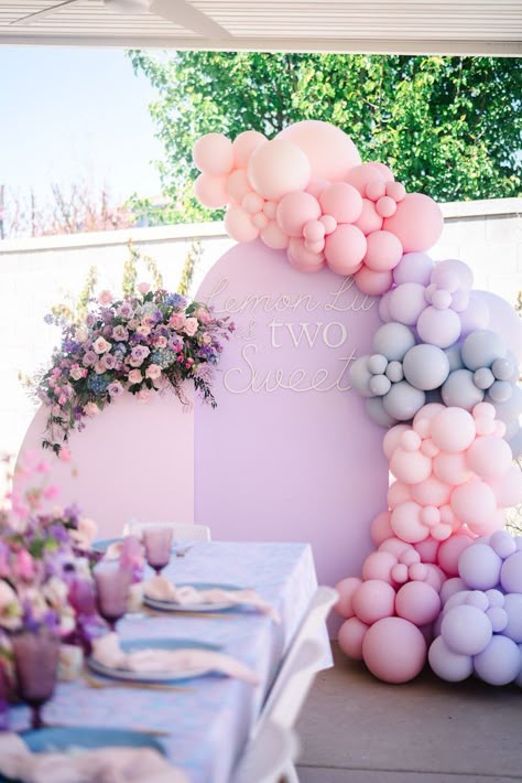 Kara's Party Ideas Two Sweet Violet + Lavender 2nd Birthday Party | Kara's Party Ideas Blue Pink Balloons, Pink Blue Purple Birthday Party, Pink Blue Purple Balloon Garland, Pink Pastel Balloon Garland, Lilac And Pink Balloon Garland, Purple And Pink Balloon Arch, Pink And Purple 1st Birthday Party, Light Blue And Pink Birthday Party Decorations, Pastel Pink And Purple Balloon Garland