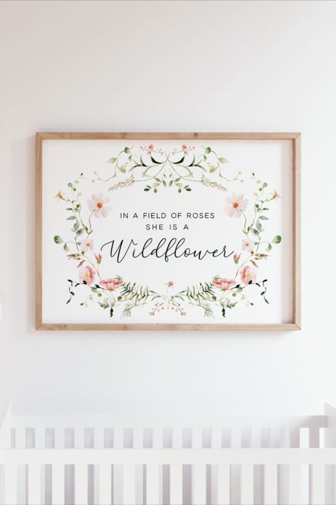 Watercolor Wildflower Quote Nursery Wall Art In A Field Of Roses She Is A Wildflower, Sister Room Decor, She Is A Wildflower, Wildflower Nursery, Girls Nursery Decor, Field Of Roses, Wildflower Wall, Wildflower Watercolor