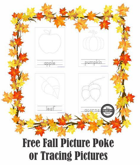 Fall Picture Pokes  Fine Motor and Visual Motor Activity Visual Motor Activities, Tracing Pictures, Hand Strengthening, Fall Preschool Activities, Leaf Animals, Pediatric Therapy, Fall Preschool, Single Line Drawing, Homeschool Learning