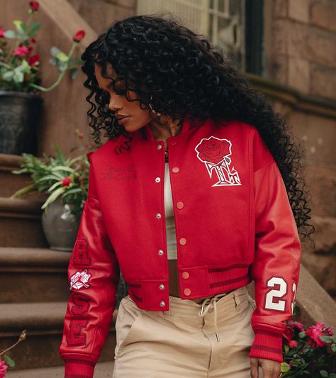 Teyana Taylor Outfits, Jordan Jackets, Taylor Outfits, Celebrities Leather Jacket, Teyana Taylor, Jordan Red, Leather Sleeve, Red Jacket, Lady In Red