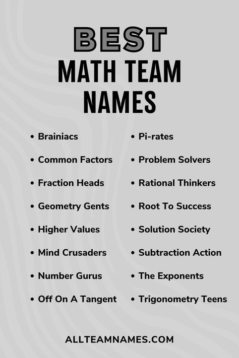 best math team names list Math Group Names, Math Vector, Classroom Organization High School, Math Competition, Greatest Common Factors, Group Names Ideas, Maths Day, Group Names, Challenges Funny