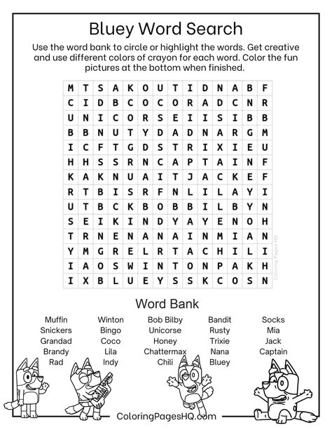 Bluey Word Search (Free PDF Printable) - Coloring Pages HQ Lilo And Stitch Word Search, Free Bluey Coloring Pages, Bluey Printable Activities, Disney Activity Sheets Free Printables, Bluey Worksheet, Bluey Word Search, Bluey Activity Sheets, Bluey Activities For Kids, Bluey Coloring Pages Free