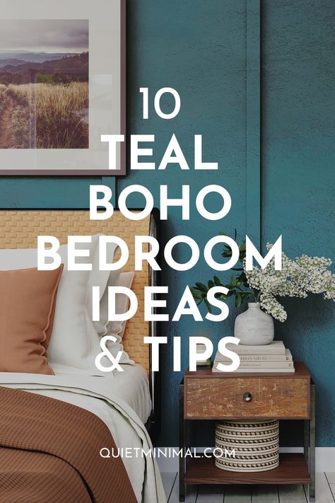 10 Teal Boho Bedroom Ideas (Stunning Color Tips) - Quiet Minimal - Interior Design Inspiration & Ideas Bedding For Teal Walls, Teal Bedroom Furniture Ideas, Teal Bedding Ideas Bedroom, Peacock Wall Color, Boho Paint Colours, Peacock Color Bedroom Ideas, Boho Bedroom With Dark Walls, Dark Teal Boho Bedroom, Turquoise Wall Bedroom