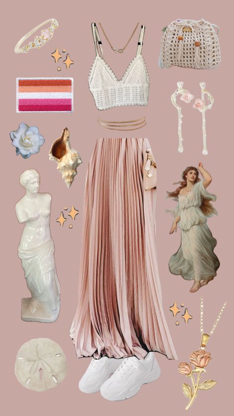 #outfit #outfitinspo #aphrodite #lesbianpride #fairycore #aesthetic #aphroditedevotee #floweraesthetic #lesbianflag #angelcore Aphrodite Outfit, Angelcore Outfits, Aphrodite Aesthetic, Fairycore Aesthetic, Lesbian Flag, Goddess Hairstyles, Fairy Core, Aphrodite, Aesthetic Outfits