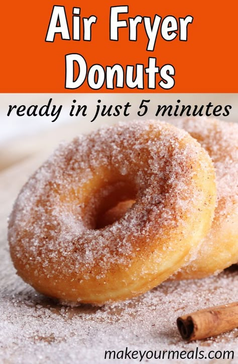 Easy Air Fryer Donuts - Make these delicious donuts in just 5 minutes and no deep-frying! #donuts #easy #biscuits #cinnamon #homemade #sugar #oldfashioned #airfryer #fair #makeyourmeals Churros Au Four, Air Fryer Doughnut Recipe, Air Fryer Donuts, Easy Biscuits, Cooks Air Fryer, Air Fried Food, Air Fryer Oven Recipes, Air Fry Recipes, Easy Air Fryer