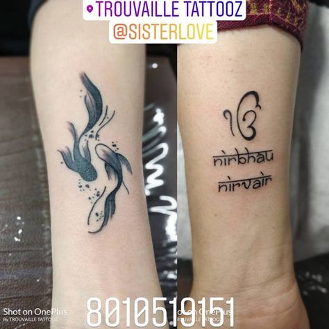 #sisterlove #ekomkaar #nirbhau #nirvair #koifish Nirbhau Nirvair Tattoo Women, Nirbhau Nirvair Tattoo, Nirbhau Nirvair, Word Tattoos On Arm, Arm Quote Tattoos, Lotus Tattoo Design, Quote Tattoos, Om Tattoo, God Tattoos