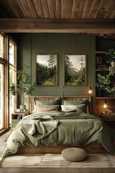 Bedroom Green Accent Wall Ideas, Green Accent Wall Bedroom Ideas, Soothing Bedroom Ideas, Modern Farmhouse Colorful, Boho Green Bedroom, Green Accent Wall Bedroom, Main Bedroom Ideas, Green Farmhouse Bedroom, Earthy Bedrooms