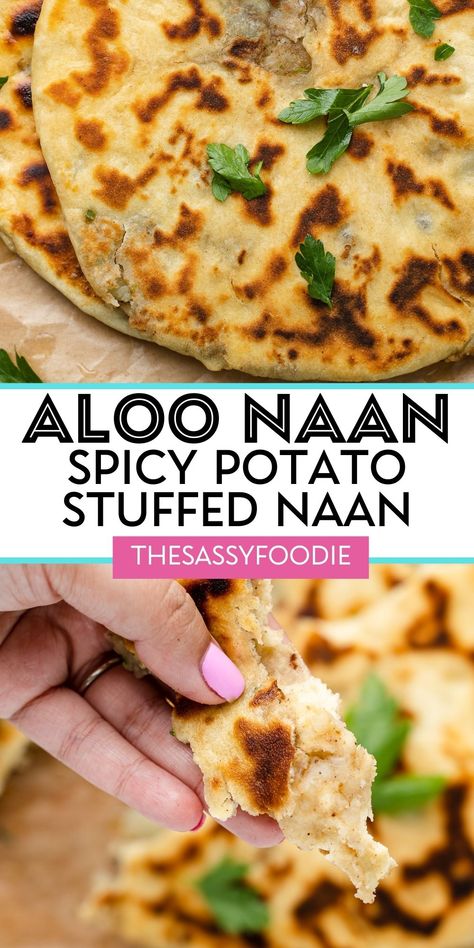 Aloo naan, or spicy potato stuffed naan, is the perfect Sunday morning breakfast treat. Soft, fluffy naan dough gets stuffed with a perfectly spiced potato mixture, resulting in pure carb heaven! Dip in homemade yogurt mint chutney, and these naans are a meal in itself! Not to mention, this is a delicious vegetarian alternative to keema stuffed naan, too! Aloo Naan, Stuffed Naan, Potato Stuffed, Homemade Naan Bread, Sunday Morning Breakfast, Mint Chutney, Naan Recipe, Chaat Masala, Homemade Yogurt