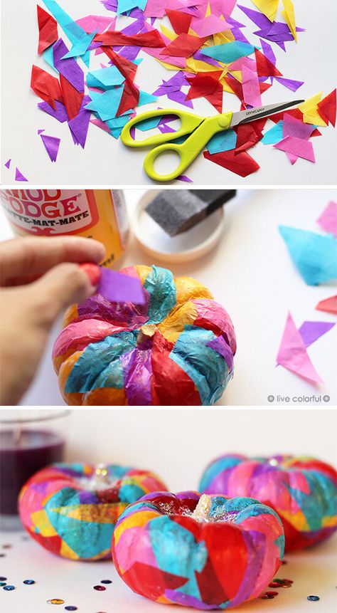 DIY: Colorful Decoupaged Pumpkins — Live Colorful Modge Podge Pumpkins With Paper, Tissue Paper Pumpkin Craft, Tissue Paper Pumpkins, Classroom Pumpkin Decorating Ideas, Preschool Pumpkin Decorating, Pumpkin Crafts Kids, Painted Pumpkin Ideas, Paint Pumpkin, Decoupage Pumpkins