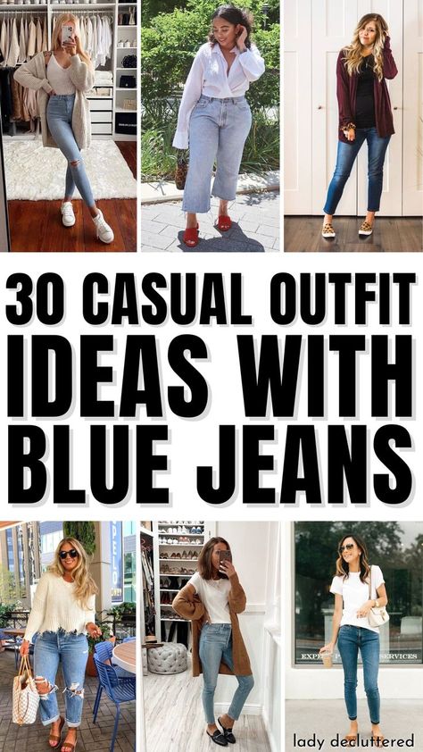 30 Casual Outfit Ideas with Blue Jeans Outfit Ideas With Dark Blue Jeans, T Shirt And Jeans Outfit Casual Classy, Light Blue Jean Outfit Women, Light Blue Jeans Outfit Fall, Cute Casual Jean Outfits, Casual Blue Jeans For Everyday, Blue Jean Outfits For Women, Styling Blue Jeans Outfit Ideas, Woman Jeans Outfit