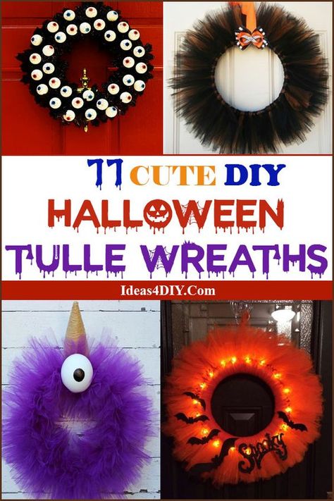 11 Cute DIY Halloween Tulle Wreaths Tulle Wreath Tutorial, Halloween Tulle Wreath, Tulle Wreath Diy, Halloween Bricolage, Tulle Wreaths, Black Halloween Wreath, Tulle Decorations, Tulle Crafts, Glow Halloween