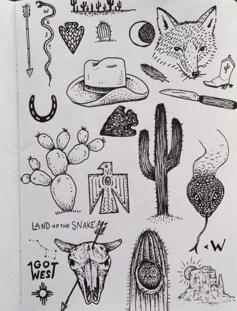 Cowboy Stick And Poke, Western Sticker Sleeve Tattoo, Western Flash Tattoo, Desert Tattoo, Wildlife Tattoo, Cowboy Tattoos, Dragon Tattoo For Women, Stick N Poke Tattoo, Tattoo Flash Sheet