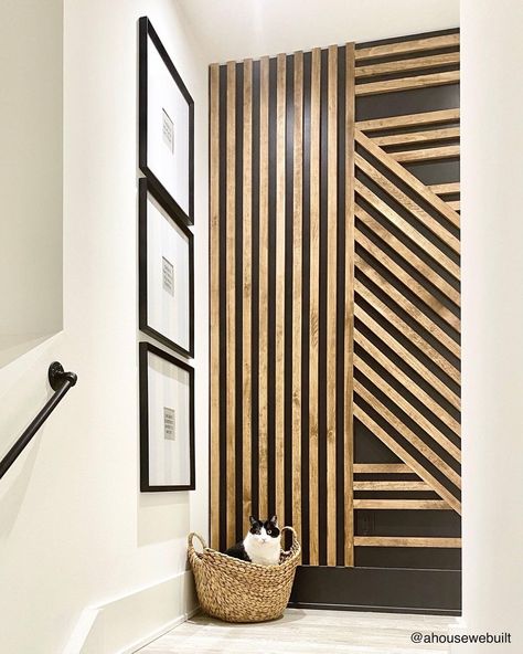 A House We Built on Instagram: “Our slat accent wall was a fun and easy project that totally transformed this stair landing! We also added a gallery wall of 3 large frames…” Landing Accent Wall, Stair Accent Wall, Stairwell Wall Ideas, Stair Wall Ideas, Stairway Accent Wall, Stairway Wall Decor, Slat Accent Wall, A House We Built, Stair Landing Decor