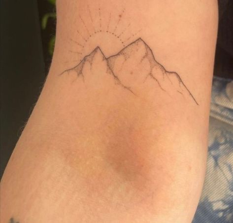 Mountain Of The Sun Tattoo, Two Mountains Tattoo, Mountain Tattoo On Forearm, Small Fine Line Mountain Tattoo, Fine Line Sun And Mountain Tattoo, Tiny Tattoos Nature, Snow Capped Mountain Tattoo, Mountain Tattoo With Sun, Wasatch Mountains Tattoo