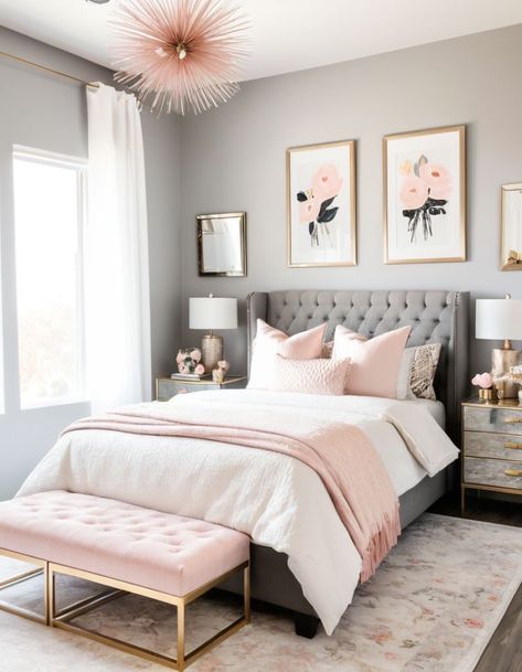 Gray And Pink Guest Bedroom, Light Pink And Gray Bedroom Ideas, Gray Bedroom Walls With A Pop Of Color, Light Grey And Light Pink Bedroom, Gray Pink White Bedroom, Grey Feminine Bedroom, Pink Grey Beige Bedroom, Grey And Pink Room Ideas Bedroom, Bedroom Ideas Grey Bed Frames