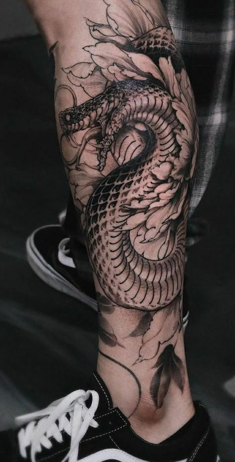 91 SHOCKING JORMUNGANDR TATTOOS: Meanings, Tattoo Ideas & Tattoo Designs - TATTOOGOTO Dragon Tattoo Calf, Jormungandr Tattoo, Dragon Tattoo Leg, Calf Sleeve Tattoo, Fenrir Tattoo, Calf Tattoo Men, Gotik Tattoo, Cobra Tattoo, Dragon Tattoos For Men