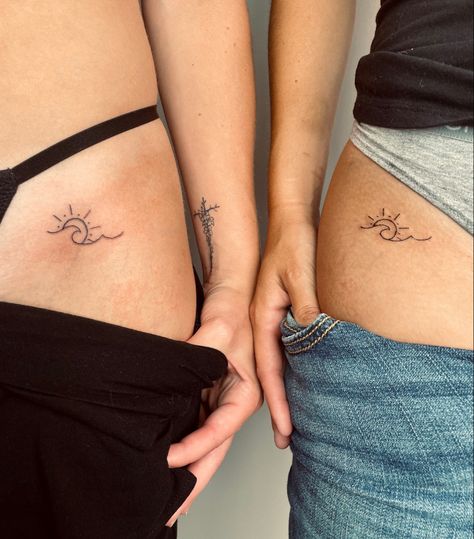 Hip Matching Tattoos, Matching Flower Tattoos, Sister Tats, Side Hip Tattoos, Sister Tat, Matching Sisters, Hip Tattoo, Simplistic Tattoos, Matching Tattoos