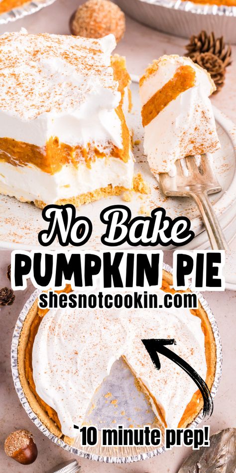 No bake pumpkin pie on a white plate. 3 Ingredient Pumpkin Pie, Pumpkin Pie Casserole, Pumpkin Pie Recipe With Cream, Easy No Bake Pies, Easy No Bake Pumpkin Pie, No Bake Pumpkin Pie Recipe, Pumpkin Cream Pie Recipe, Best Dessert Recipes Ever, Easy Pies