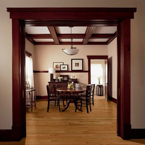 I love this contrast.  We have the walnut trim already. We are replacing the carpet with red oak floors. Oak Wood Trim, Dark Wood Trim, Red Oak Floors, Dark Trim, Craftsman Interior, Wood Trim, Craftsman House, Oak Floors, Craftsman Style