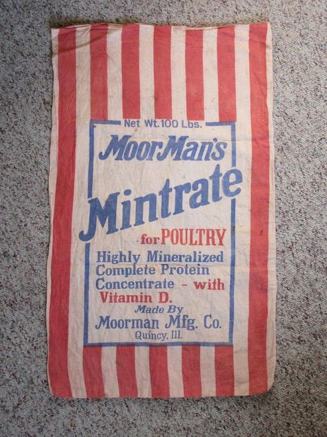 MoorMan's Mintrate Moorman Mfg. Co. Quincy, Illinois 20x32.5 Seed Bags Vintage Grain Sack, Quincy Illinois, Vintage Grain Sack, Clothes Tag, Complete Protein, Vintage Cloth, Bags Vintage, Grain Sack, Feed Sacks