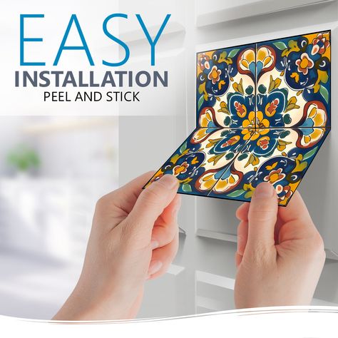 Make your walls come alive with Mi Alma backsplash tile! Set of 24 pre-cut into squares removable vinyl tile sticker Transforming your walls has never been easier with these vinyl tile stickers! They are a breeze to use - peel off the backing and stick them onto any surface you want to cover. If you need to adjust the position, you can easily peel and reposition until you are happy with the result. It's a fun and hassle-free way to add a touch of style and color to your living space! Upgrade you Temporary Backsplash Rental Kitchen, Boho Kitchen Tile Backsplash, Peel And Stick Cabinet Covers, Diy Mexican Decor, Stick On Tile Backsplash, Mexican Kitchen Decor Ideas, Kitchen Mosaic Backsplash, Mexican Inspired Kitchen, Wallpaper Backsplash Kitchen