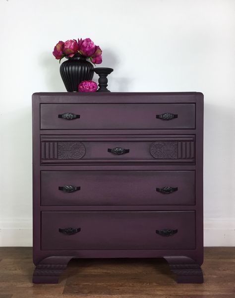 Dark Purple Painted Furniture, Purple Painted Dresser, Dark Purple Office Ideas, Purple And Gold Furniture, Dark Purple Furniture, Dark Purple Room Ideas Bedrooms, Purple And Black Room, Funky Bedroom Furniture, Dark Purple Bedding