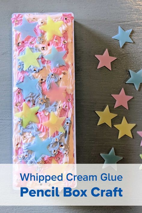 Blast off into a new school year with this out-of-this-world Glow-in-the-Dark Pencil Box Craft! Perfect for kids of all ages, this project uses whipped cream glue and glow-in-the-dark stars to create a customizable and functional pencil case. This is a fun and creative back-to-school activity that's sure to be a hit! Decoden Cream, Dark Stars, Glue Craft, Cream Glue, Box Craft, School Activity, Grilling Gifts, Stars Craft, Pencil Box