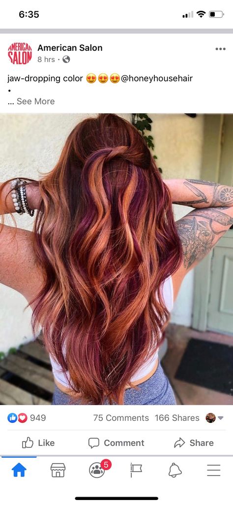 Fall Colored Highlights, Purple To Copper Hair, Copper Hair With Pop Of Color, Colors That Go With Copper Hair, Maroon And Copper Hair, Fall Hair Colors With Purple, Long Red Hair With Money Piece, Copper Hair Purple Highlights, Copper And Burgandy Hair