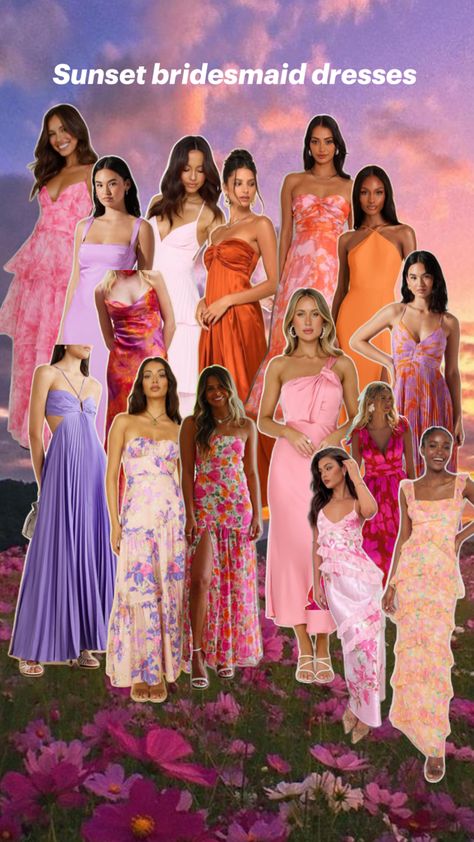 Bridesmaid dresses sunset colors Sunset Bridesmaid Dresses, Colors Bridesmaid Dresses, Vintage Boho Wedding, Floral Bridesmaid Dresses, Sunset Colors, Wedding Color Schemes, Wedding Outfit, Boho Wedding, Wedding Colors