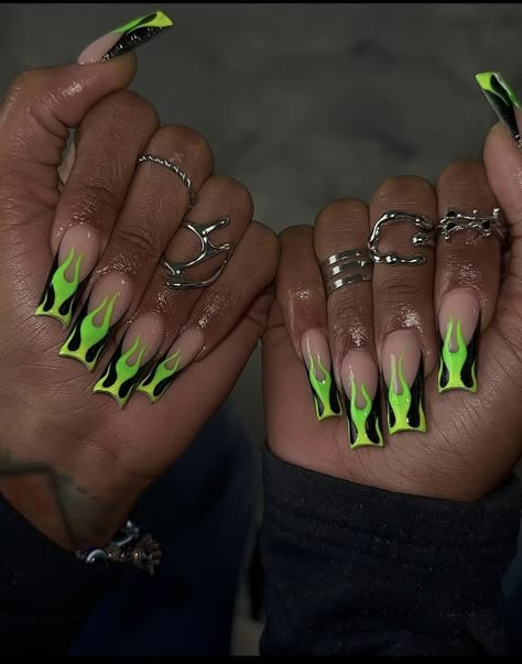 Green Flame Nails, Neon Flames, Flames Art, Flame Nails, Neon Yellow Nails, Flame Nail Art, Neon Nail Designs, Neon Green Nails, Funky Nail Art