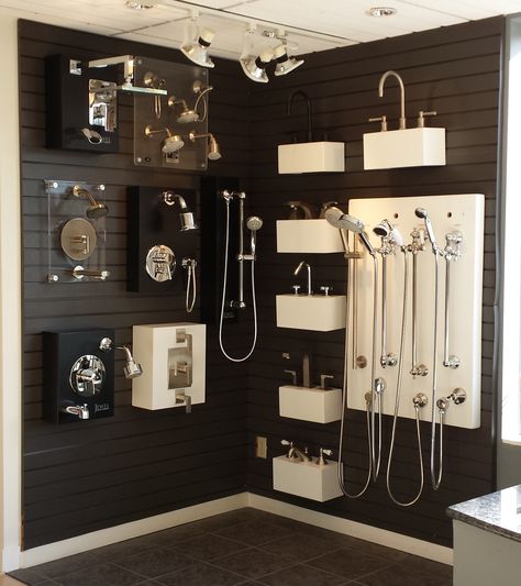 Shower corner featuring California Faucets, Lacava, and Jewel fixtures on display at Best Plumbing Plumbing Showroom, Showroom Ideas, California Faucets, Kitchen And Bath Showroom, Retail Design Display, Showroom Display, Tile Showroom, Bathroom Redesign, Sanitary Ware