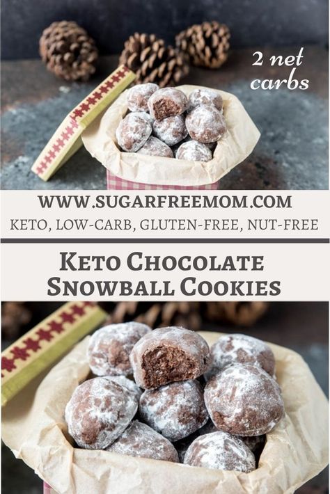 Sugar Free Keto Chocolate Snowball Cookies (Nut Free, Gluten Free) Chocolate Snowball Cookies, Snowball Cookie, Sugar Free Mom, Chocolate Snowballs, Low Carb Christmas, Keto Christmas Cookies, Keto Holiday Recipes, Postre Keto, Keto Holiday