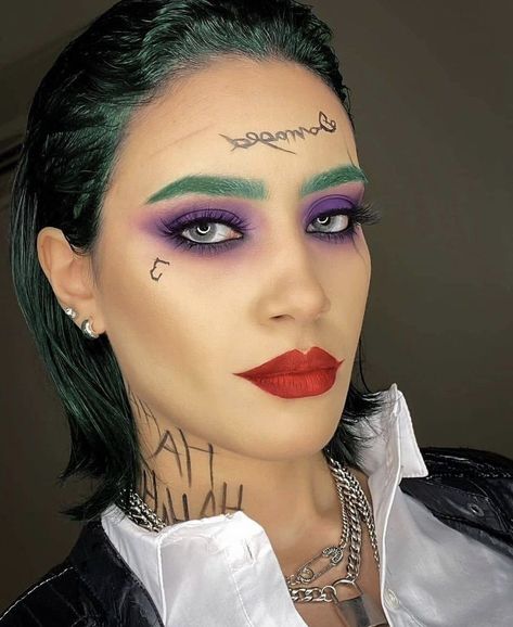 Halloween Costume With Makeup, Glam Joker Makeup, Female Joker Costume Outfits, Super Hero Makeup, Joker Makeup Female, Joker Fancy Dress, Bestie Costumes, Female Joker Costume, Superhero Makeup