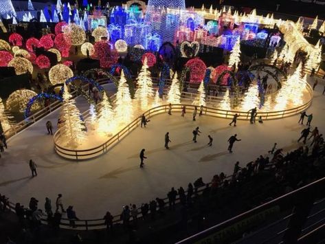 Around every bend is a display more brilliant than the last. Skate past towering trees, giant ornaments, and hundreds more spectacular displays, all illuminated by millions of glittering bulbs. Giant Ornaments, Chip Dips, Holiday Lights Outdoor, Outdoor Ice Skating, Christmas Skating, Christmas Ice Skates, Skating Ice, Christmas Light Installation, Hanging Christmas Lights