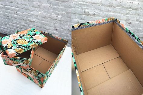 Turn Cardboard Boxes into Pretty Storage Bins Cardboard Box Storage, Decorative Cardboard Boxes, Pretty Storage Boxes, Cardboard Box Diy, Cardboard Ideas, Cardboard Organizer, Christmas Gift Tags Diy, Cardboard Storage, Box Crafts