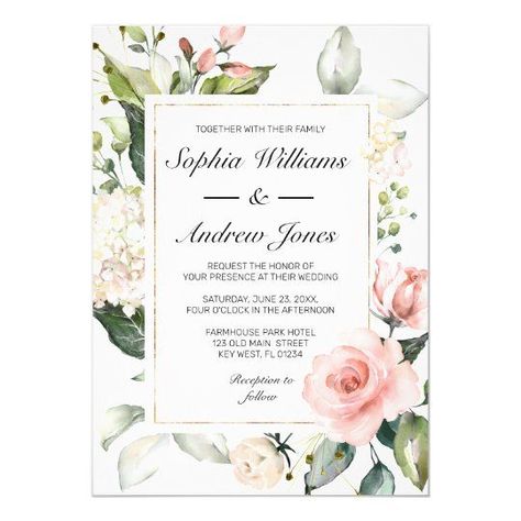 Blush Pink Floral Wedding Invitation Itinerary Invitation, Modern Bridal Shower Invitations, Floral Foliage, Roses Watercolor, Hydrangeas Wedding, Floral Greenery, Card Watercolor, Watercolor Gifts, Cards Invitation