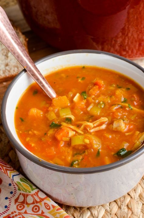 Slimming Eats Syn Free Spicy Chicken and Vegetable Soup - gluten free, dairy free, instant pot, paleo, Slimming World and Weight Watchers friendly Chicken And Veg Soup, Chicken And Vegetable Soup, Soup Maker Recipes, Dinner Soup, Pumpkin Salad, Veg Soup, Soup Maker, Turkey Soup, Soup Kitchen