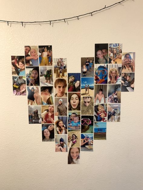 Hart Photo Wall, Heart Out Of Pictures On Wall, 4x6 Wall Collage, Heart Foto Collage, 4x6 Picture Wall Ideas, Love Heart Picture Wall, How To Make A Heart With Pictures, Heart Wall Pictures, Ways To Put Pictures On Wall