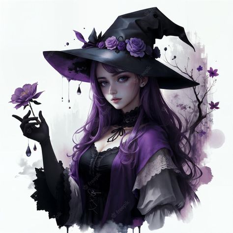 Purple Hair Witch Art, Purple Woman Art, Purple Hair Female Character Art, Purple Character Art, Witch Woman Art, Purple Sorceress, Purple Hair Girl Art, Witch Profile Picture, Purple Hair Anime Woman