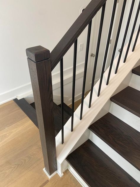 Dark Brown Staircase, Dark Brown Stairs, Southern Staircase, Brown Stairs, Black Railing, Wood Balusters, Handrail Design, Stair Railings, Staircase Ideas