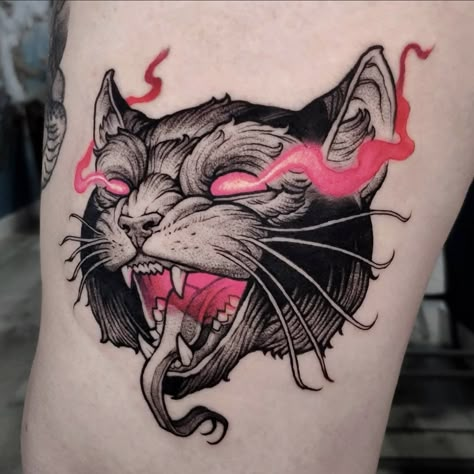 Neon Tattoo, Black Cat Tattoos, Sick Tattoo, Creepy Tattoos, Cat Tattoo Designs, Spooky Tattoos, Tatuaje A Color, Gothic Tattoo, Tattoo Portfolio