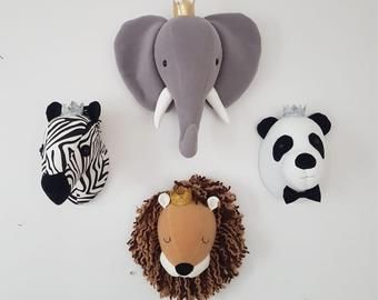 Animal Heads On Wall, Nursery Animal Heads, Jungle Bedroom Theme, Animal Wall Mount, Faux Animal Head, Animal Head Wall Decor, Nursery Safari, Animal Head Wall, Unicorn Nursery