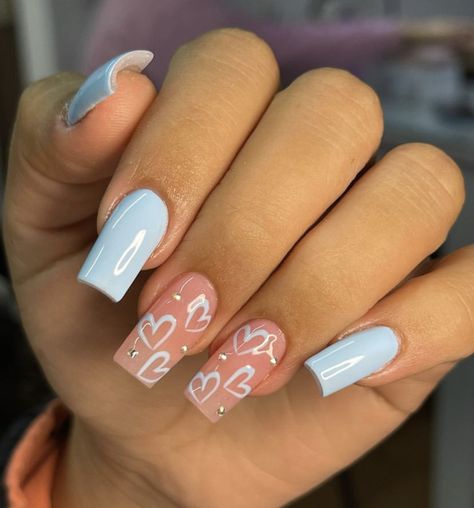 Light Blue Heart Nails, Blue Heart Nails, Blue Acrylic Nails, Girly Acrylic Nails, Short Square Acrylic Nails, Acrylic Nails Coffin Short, Short Acrylic Nails Designs, Pink Acrylic Nails, Square Acrylic Nails