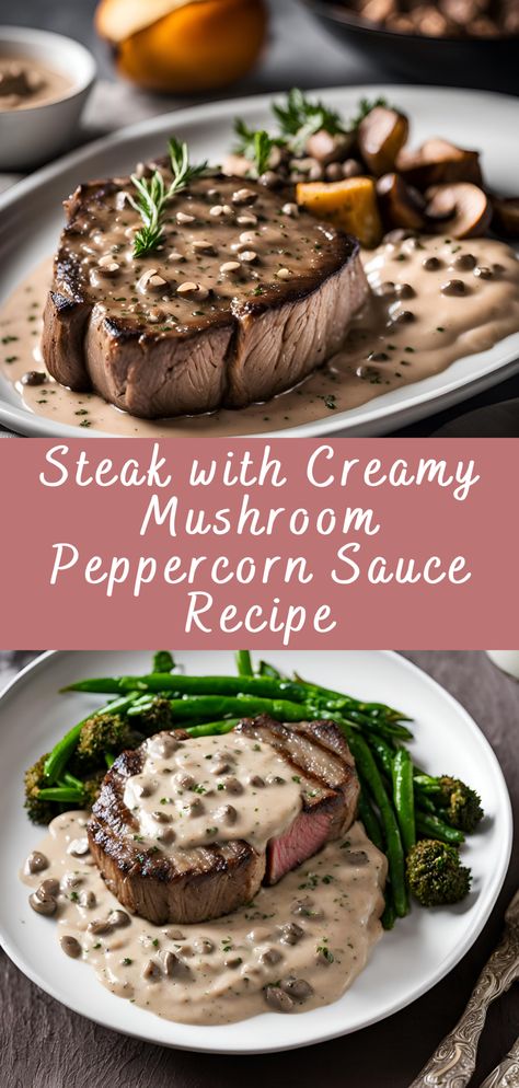 Steak with Creamy Mushroom Peppercorn Sauce Recipe | Cheff Recipes Mushroom Peppercorn Sauce For Steak, Mushroom Steak Sauce, Mushroom Sauce For Steak, Steak Cream Sauce, Peppercorn Sauce For Steak, Au Poivre Sauce, Peppercorn Sauce Recipe, Peppercorn Steak, Creamy Peppercorn Sauce