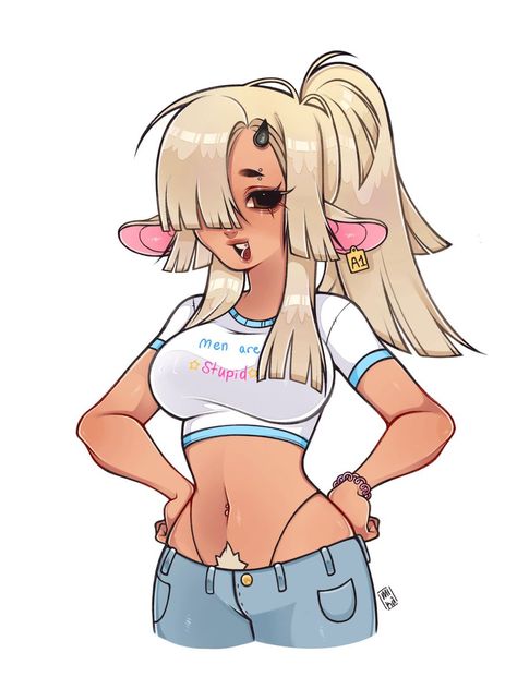 Female Oc Character Design Thick, Half Cow Half Human Oc, Cow Hybrid Oc Girl, Cow Person Character Design, Innocent Character Design, Goat Girl Oc, Cow Oc Girl, Cowgirl Oc Art, Cow Hybrid Oc